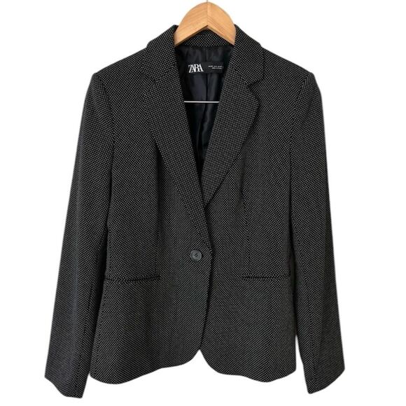 Zara Swiss Dot Classic Blazer Jacket Black Size 6 Preppy Formal Office Wear - Picture 1 of 9